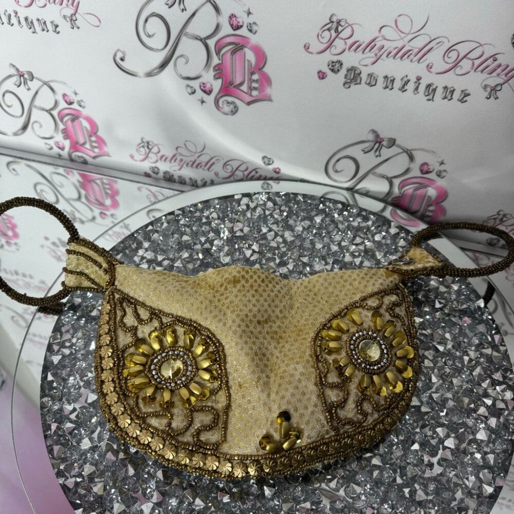 Bag Folded Handmade India-Gold Sequin Beads/Rhinestones/Wristlet/Purse/Bag round - Picture 2 of 12